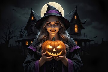 Halloween jack o lanterns and witch on various creepy background