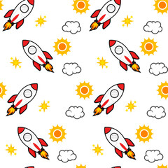 seamless pattern with a rocket, clouds with the sun. rocket cloud seamless pattern. cartoon kids rocket seamless pattern background. flying rocket and cloud seamless pattern background.