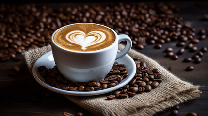 Cup of latte with heart-shaped foam art, surrounded by coffee beans on a burlap cloth, rustic wooden table setting, warm and inviting atmosphere