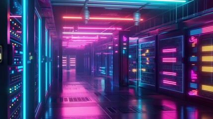 Hi-tech data storage server hallway, cloud computing neon glowing design. Generative AI