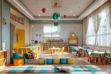 Generative AI classroom of a daycare center without children and teacher