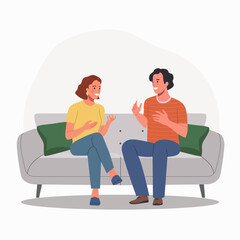 Man and woman talking, gossiping, whispering secrets, telling news on the sofa. Flat style cartoon vector illustration.