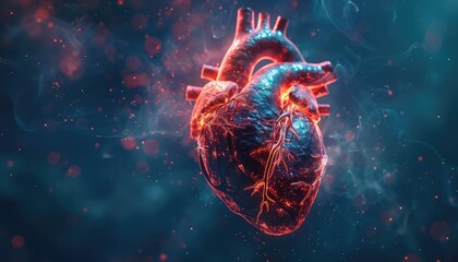 Digital hologram of heart with blocked arteries, Futuristic, Glowing Red and Blue, 3D Render, Emphasizing heart health monitoring