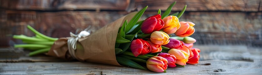 Colorful mixed tulips wrapped in brown paper on rustic wooden background .