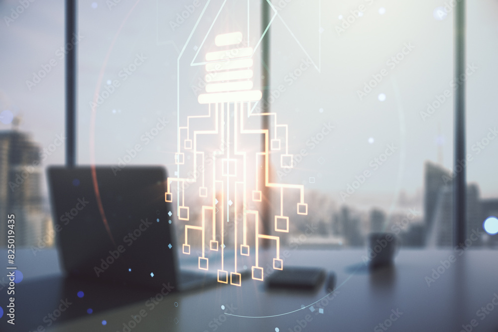 Poster creative light bulb illustration with microcircuit and modern desktop with pc on background, future 