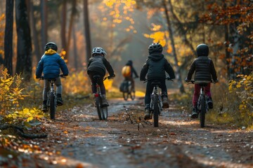 Family cycling trips in autumn, walks along paths in the forest, Hiking, collective active recreation. Children spend time with their parents.
