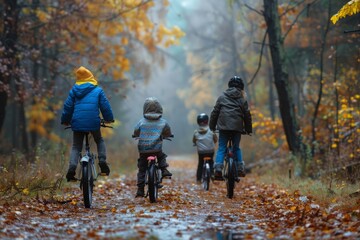 Family cycling trips in autumn, walks along paths in the forest, Hiking, collective active recreation. Children spend time with their parents