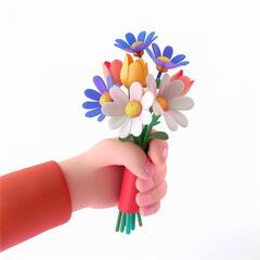 Bouquet of flowers in hand on a white background in 3D style

