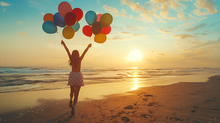 happiness concept positive emotions happy girl with balloons on beach at sunset, generative ai
