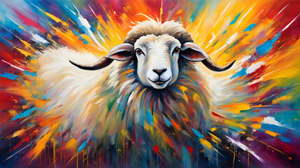 colorfull sheep Oil painting, watercolor animals painting a big cow happy  colorful rays of light  energetic brushwork