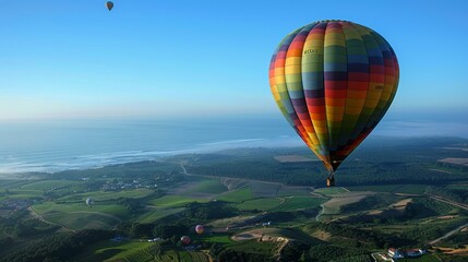 Naklejka premium vibrant hot air balloon soaring high in a clear blue sky with a picturesque landscape