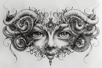 drawing of a woman's face with horns and snakes on it's head