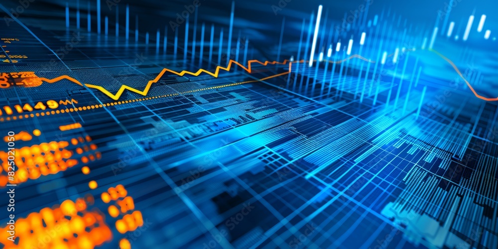 Poster blue and yellow abstract background with a line graph and a bar chart
