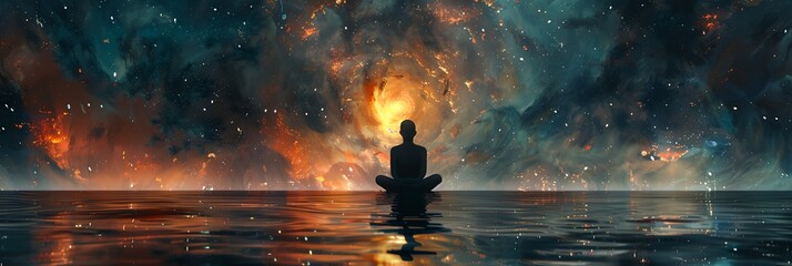 person sitting in a body of water in front of a colorful sky filled with stars