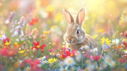 Playful bunny hopping through a field of colorful wildflowers, capturing movement and energy, visually stunning