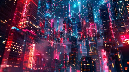  a futuristic city with skyscrapers and bright lights.