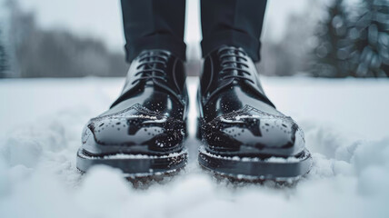 Polished black dress shoes in fresh snow.