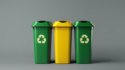 Three recycling bins, two green and one yellow, arranged side by side against a neutral background, emphasizing waste management.