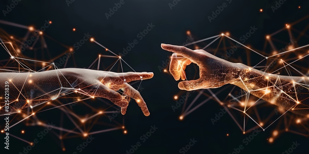 Poster two hands reaching out towards each other with a network of lights