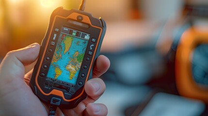 A close-up of a handheld GPS device with a digital world map on the screen, symbolizing personal navigation within the global positioning network. - Powered by Adobe