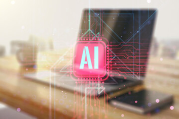 Creative artificial Intelligence symbol concept and modern desktop with pc on background. Double...