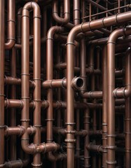 A close-up view revealing the intricate network of interconnected industrial pipes with a focus on detail and texture.