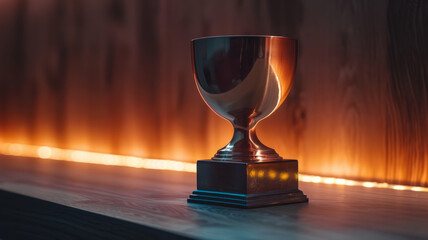 Golden trophy on a wooden shelf with soft ambient lighting.