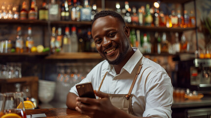 Obraz premium Smiling Man Using Mobile Phone in Stylish Bar Setting