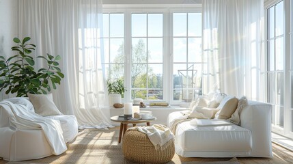 A bright and airy living room with large windows, white furniture, and light, flowing curtains billowing in the breeze.