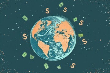 Fototapeta premium A globe with a bunch of money flying around it. The globe is surrounded by a blue background