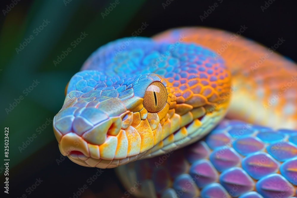 Poster macro shot capturing the intricate scales and hypnotic eye of a vibrant python