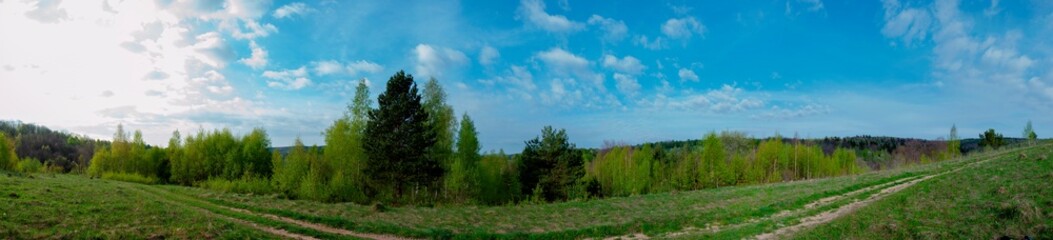 Panorama of the spring forest near the mountain town. Picturesque landscape of a sunny day.