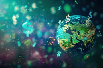 A globe with a bunch of money flying around it. The globe is surrounded by a blue background