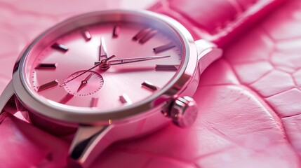 A close-up of a pink watch with a leather strap, laid flat on a smooth pink surface, highlighting...