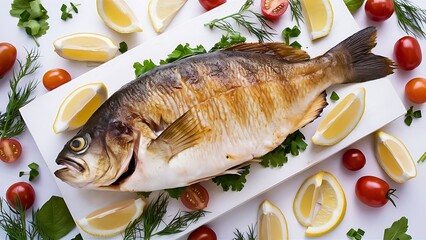 A delectable food photograph of a freshly cooked barramundi fish