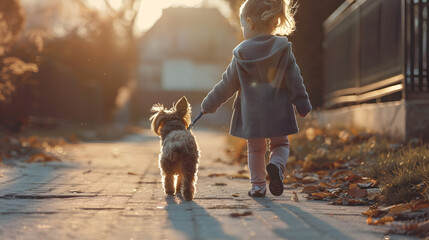 A small child taking their little dog for a walk on a leash
