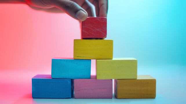 A hand stacking colorful wooden blocks in a pyramid shape.