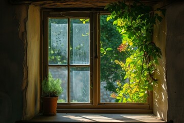 Tranquil scene of a rustic window bathed in sunlight, framed by indoor greenery