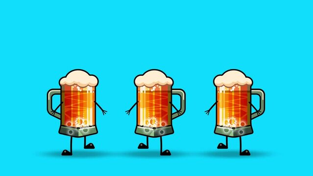 A cartoon beer mug is walking merrily.