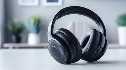 Black over-ear wireless headphones on a clean white table.