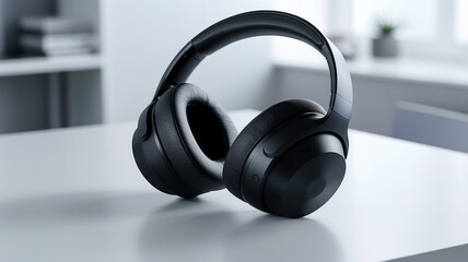 Black over-ear headphones placed on a white surface