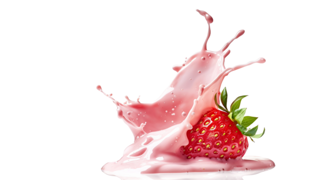 Strawberry with milk or yogurt splash isolated on transparent png background.

