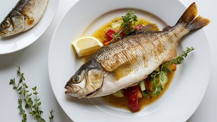 A delectable food photograph of a freshly cooked barramundi fish