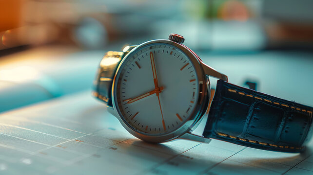 Classic wristwatch with leather strap on a desk planner.