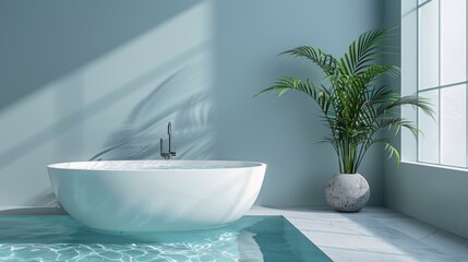 A minimalist bathroom with clean lines, featuring a white bathtub filled with clear water and a single, green plant for a touch of nature. - Powered by Adobe