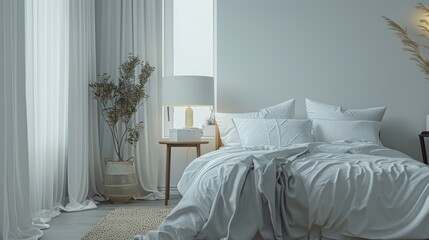 A minimalist bedroom with a white bedspread, a few decorative pillows, and a bedside table with a single lamp, promoting a peaceful and uncluttered sleeping environment.