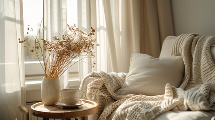 A minimalist interior with neutral tones, featuring a cozy reading nook with a soft blanket and a cup of tea, evoking a sense of calm and relaxation.