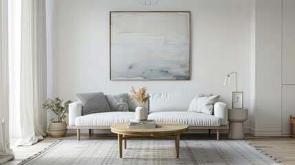 A minimalist living room with a white sofa, a small coffee table, and a single piece of abstract art on the wall, creating a clean and uncluttered environment.