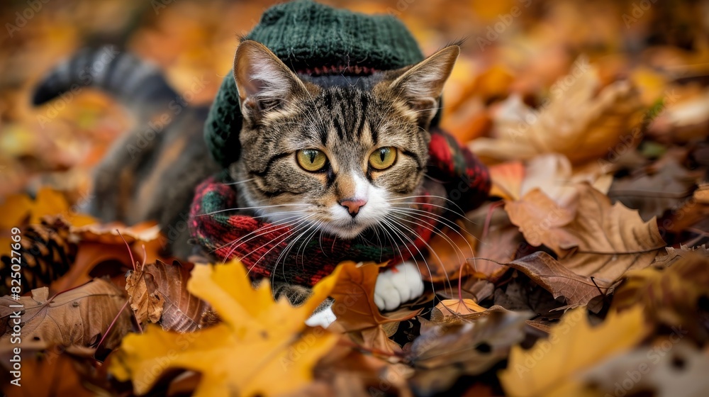 Poster charming cat in hat and scarf on fall backdrop with ample space for text placement