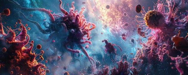 Fantasy depiction of a body under attack by HIV creatures, Fantasy, Vivid Colors, Illustration, Showcasing internal battle